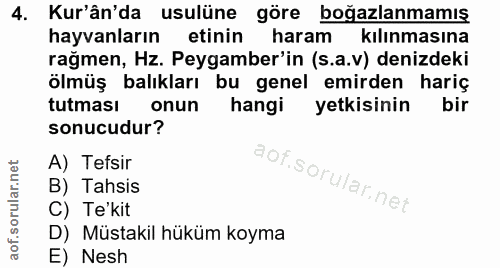 4. soru: Kur'ân'da usulüne göre boğazlanmamış hayvanların etinin haram kılınmasına rağmen, Hz. Peygamber'in (s.a.v) denizdeki…