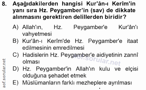 8. soru: Aşağıdakilerden hangisi Kur'ân-ı Kerîm'in yanı sıra Hz. Peygamber'in (sav) de dikkate alınmasını gerektiren delillerd…