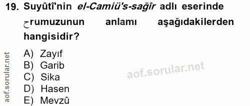 19. soru: Suyüti'nin el-Camiü's-sağir adlı eserinde rumuzunun anlamı aşağıdakilerden hangisidir? A) Zayıf B) Garib C) Sika aof.…