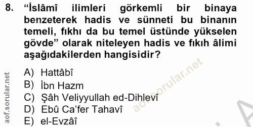8. soru: "İslâmî ilimleri görkemli bir binaya benzeterek hadis ve sünneti bu binanın temeli, fıkhı da bu temel üstünde yüksele…