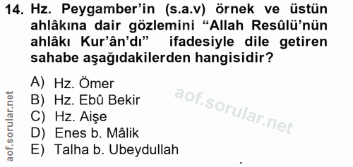 14. soru: Hz. Peygamber'in (s.a.v) örnek ve üstün ahlâkına dair gözlemini "Allah Resûlü'nün ahlâkı Kur'ân'dı" ifadesiyle dile g…