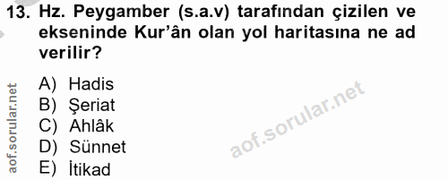 13. soru: Hz. Peygamber (s.a.v) tarafından çizilen ve ekseninde Kur'ân olan yol haritasına ne ad verilir? A) Hadis B) Şeriat C)…