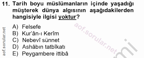 11. soru: Tarih boyu müslümanların içinde yaşadığı müşterek dünya algısının aşağıdakilerden hangisiyle ilgisi yoktur? A) Felsef…