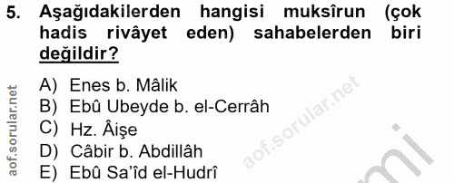 5. soru: Aşağıdakilerden hangisi muksîrun (çok hadis rivâyet eden) sahabelerden biri değildir? A) Enes b. Mâlik B) Ebû Ubeyde…