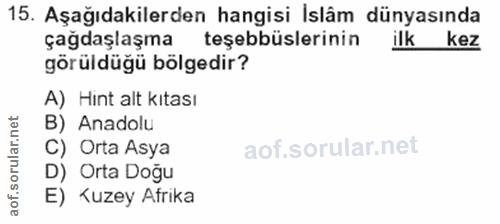 15. soru: Aşağıdakilerden hangisi Islâm dünyasında çağdaşlaşma teşebbüslerinin ilk kez görüldüğü bölgedir? A) Hint alt kıtası B…