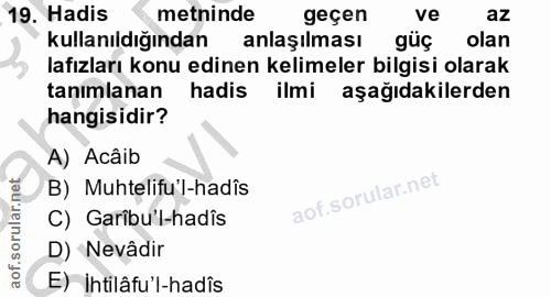 19. soru: Hadis metninde geçen ve az kullanıldığından anlaşılması güç olan lafızları konu edinen kelimeler bilgisi olarak tanım…