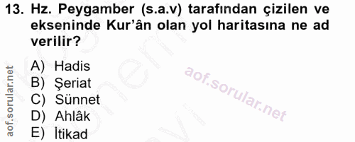 13. soru: Hz. Peygamber (s.a.v) tarafından çizilen ve ekseninde Kur'ân olan yol haritasına ne ad verilir? A) Hadis B) Şeriat C)…
