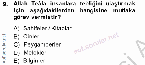 9. soru: Allah Teâla insanlara tebliğini ulaştırmak için aşağıdakilerden hangisine mutlaka görev vermiştir? A) Sahifeler / Kit…