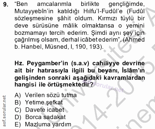 9. soru: "Ben amcalarımla birlikte gençliğimde, Mutayyebîn'in katıldığı Hılfu'l-Fudûl'e (Fudûl sözleşmesine şâhit oldum. Kırmı…