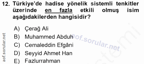 12. soru: Türkiye'de hadise yönelik sistemli tenkitler üzerinde en fazla etkili olmus isim aşağıdakilerden hangisidir? B) Muham…