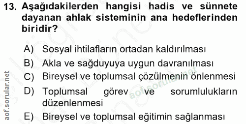 13. soru: Aşağıdakilerden hangisi hadis ve sünnete dayanan ahlak sisteminin ana hedeflerinden biridir? A) Sosyal ihtilafların o…