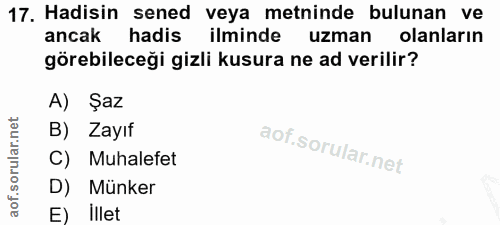 17. soru: Hadisin sened veya metninde bulunan ve ancak hadis ilminde uzman olanların görebileceği gizli kusura ne ad verilir? A…