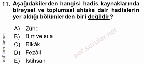11. soru: Aşağıdakilerden hangisi hadis kaynaklarında bireysel ve toplumsal ahlaka dair hadislerin yer aldığı bölümlerden biri…