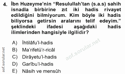 4. soru: Ibn Huzeyme'nin "Resulullah'tan (s.a.s) sahih isnadla birbirine zıt iki hadis rivayet edildiğini bilmiyorum. Kim böyl…