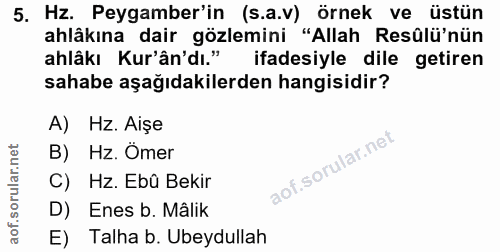5. soru: Hz. Peygamber'in (s.a.v) örnek ve üstün ahlâkına dair gözlemini "Allah Resûlü'nün ahlâkı Kur'ân'dı." ifadesiyle dile…
