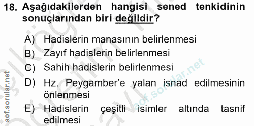 18. soru: Aşağıdakilerden hangisi sened tenkidinin sonuçlarından biri değildir? A) Hadislerin manasının belirlenmesi B) Zayıf h…