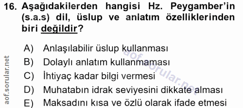 16. soru: Aşağıdakilerden hangisi Hz. Peygamber'in (s.a.s) dil, üslup ve anlatım özelliklerinden biri değildir? A) Anlaşılabili…
