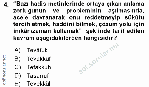4. soru: "Bazı hadis metinlerinde ortaya çıkan anlama zorluğunun ve probleminin aşılmasında, acele davranarak onu reddetmeyip…