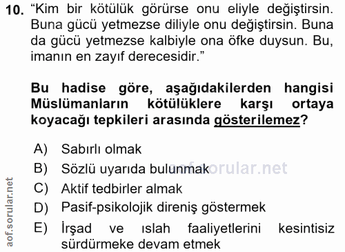 10. soru: "Kim bir kötülük görürse onu eliyle değiştirsin. Buna gücü yetmezse diliyle onu değiştirsin. Buna da gücü yetmezse ka…