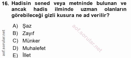 16. soru: Hadisin sened veya metninde bulunan ve ancak hadis ilminde uzman olanların görebileceği gizli kusura ne ad verilir? A…