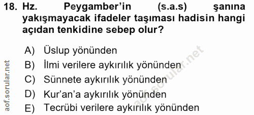 18. soru: Hz. Peygamber'in (s.a.s) şanına yakışmayacak ifadeler taşıması hadisin hangi açıdan tenkidine sebep olur? A) Uslup yö…