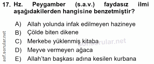 17. soru: Hz. Peygamber (s.a.v.) faydasız ilmi aşağıdakilerden hangisine benzetmiştir? A) Allah yolunda infak edilmeyen haziney…