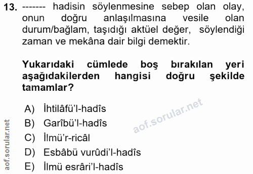 13. soru: — hadisin söylenmesine sebep olan olay, onun doğru anlaşılmasına vesile olan durum/bağlam, taşıdığı aktüel değer, söy…