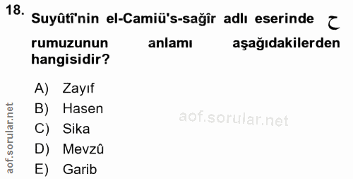 18. soru: Suyütinin el-Camiü's-sağir adlı eserinde C rumuzunun anlamı aşağıdakilerden hangisidir? A) Zayıf ar.net B) Hasen ar C…