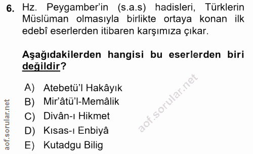 6. soru: Hz. Peygamber'in (s.a.s) hadisleri, Türklerin Müslüman olmasıyla birlikte ortaya konan ilk edebi eserlerden itibaren…