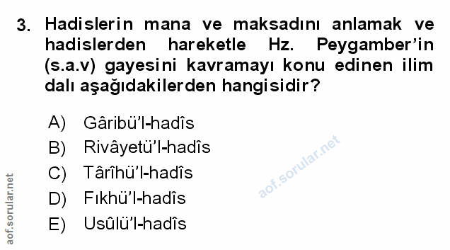 3. soru: Hadislerin mana ve maksadını anlamak ve hadislerden hareketle Hz. Peygamber'in (s.a.v) gayesini kavramayı konu edinen…