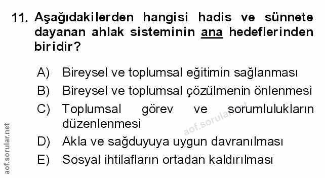 11. soru: Aşağıdakilerden hangisi hadis ve sünnete dayanan ahlak sisteminin ana hedeflerinden biridir? A) Bireysel ve toplumsal…