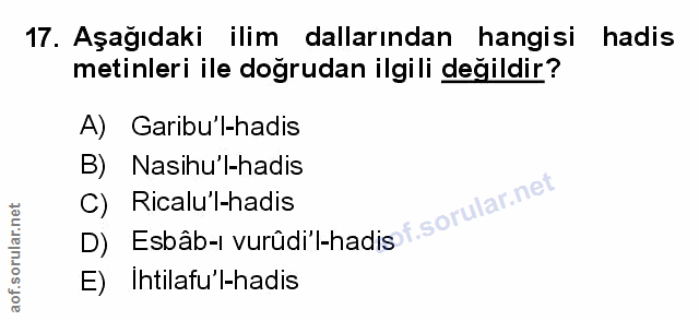 17. soru: Aşağıdaki ilim dallarından hangisi hadis metinleri ile doğrudan ilgili değildir? A) Garibu'l-hadis B) Nasihu'l-hadis…