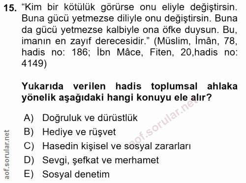 15. soru: "Kim bir kötülük görürse onu eliyle değiştirsin. Buna gücü yetmezse diliyle onu değiştirsin. Buna da gücü yetmezse ka…