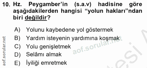 10. soru: Hz. Peygamber'in (s.a.v) hadisine göre aşağıdakilerden hangisi "yolun hakları"ndan biri değildir? A) Yolunu kaybedene…