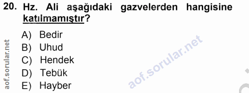 20. soru: Hz. Ali aşağıdaki gazvelerden hangisine katılmamıştır? A) Bedir B) Uhud C) Hendek D) Tebük E) Hayber