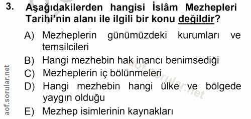 3. soru: Aşağıdakilerden hangisi İslâm Mezhepleri Tarihi'nin alanı ile ilgili bir konu değildir? A) Mezheplerin günümüzdeki ku…