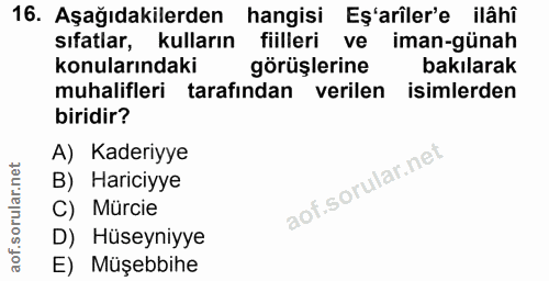 16. soru: Aşağıdakilerden hangisi Eş'ariler'e ilâhi sıfatlar, kulların fiilleri ve iman-günah konularındaki görüşlerine bakılar…