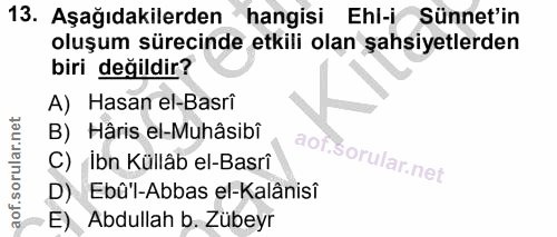 13. soru: Aşağıdakilerden hangisi Ehl-i Sünnet'in oluşum sürecinde etkili olan şahsiyetlerden biri değildir? A) Hasan el-Basri…