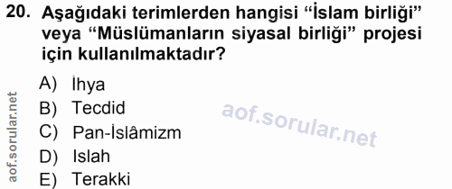 20. soru: Aşağıdaki terimlerden hangisi "İslam birliği" veya "Müslümanların siyasal birliği" projesi için kullanılmaktadır? A)…