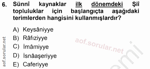 6. soru: Sünni kaynaklar ilk dönemdeki Şii topluluklar için başlangıçta aşağıdaki terimlerden hangisini kullanmışlardır? A) Ke…