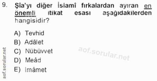9. soru: Şia'yı diğer İslami fırkalardan ayıran en önemli itikat esasi aşağıdakilerden hangisidir? A) Tevhid B) Adâlet C) Nübü…
