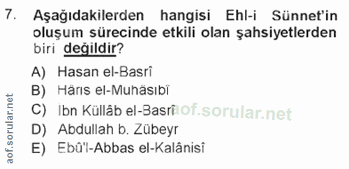 7. soru: Aşağıdakilerden hangisi Ehl-i Sünnet'in oluşum sürecinde etkili olan şahsiyetlerden biri degildir? A) Hasan el-Basri…