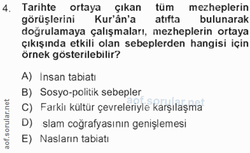 4. soru: Tarihte ortaya çıkan tüm mezheplerin görüşlerini Kur'ân'a atıfta bulunarak dogrulamaya çalışmaları, mezheplerin ortay…