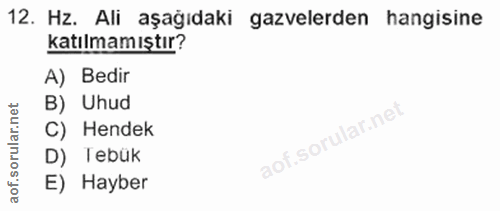 12. soru: Hz. Ali aşağıdaki gazvelerden hangisine katılmamıştır? A) Bedir B) Uhud C) Hendek D) lebük E) Hayber