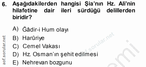 6. soru: Aşağıdakilerden hangisi Şia'nın Hz. Ali'nin hilafetine dair ileri sürdüğü delillerden biridir? A) Ğâdir-i Hum olayı a…