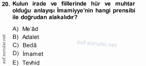20. soru: Kulun irade ve fiillerinde hür ve muhtar olduğu anlayışı İmamiyye'nin hangi prensibi ile doğrudan alakalıdır? A) Me'â…