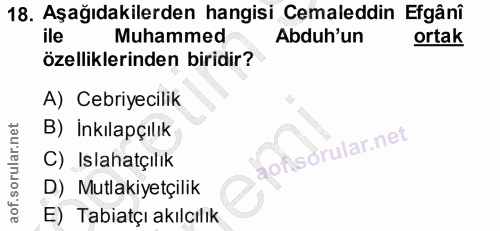 18. soru: Aşağıdakilerden hangisi Cemaleddin Efgânî ile Muhammed Abduh'un ortak özelliklerinden biridir? A) Cebriyecilik B) Ink…