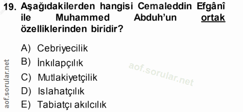 19. soru: Aşağıdakilerden hangisi Cemaleddin Efgânî ile Muhammed Abduh'un ortak özelliklerinden biridir? A) Cebriyecilik B) Ink…
