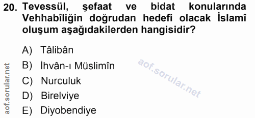 20. soru: Tevessül, sefaat ve bidat konularında Vehhabiliğin doğrudan hedefi olacak islamî oluşum aşağıdakilerden hangisidir? A…