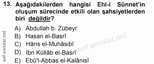 13. soru: Aşağıdakilerden hangisi Ehl-i Sünnet'in oluşum sürecinde etkili olan şahsiyetlerden biri değildir? A) Abdullah b. Züb…